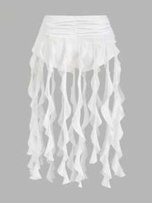 SHEIN ICON Women's Outgoing Asymmetric Ruffle High Slit Mesh Overlay Skirt, Black - White - View 2