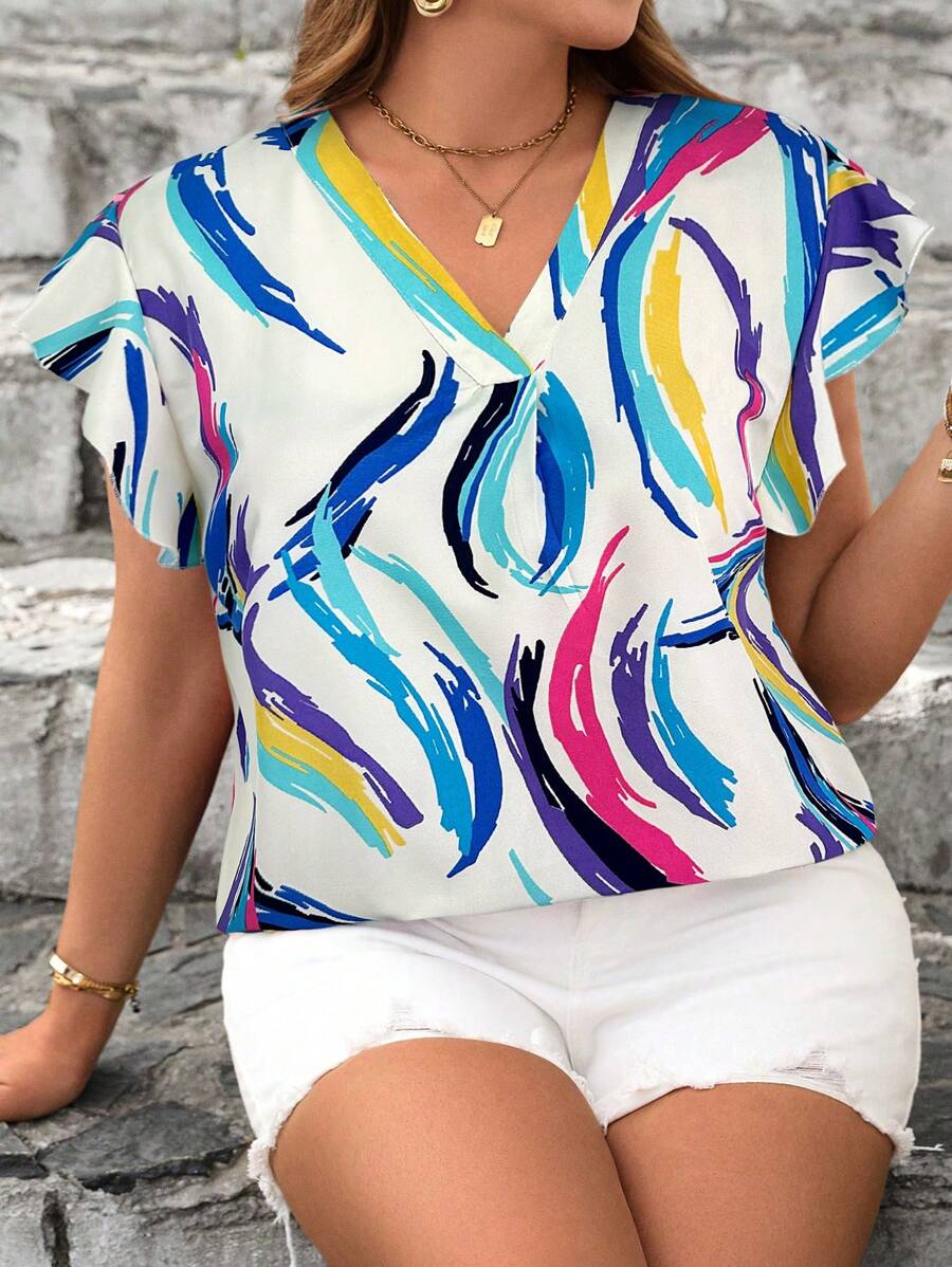 SHEIN LUNE SHEINLUNE Plus Size Women V-Neck Splash Ink Art Effect Flowy Sleeve Blouse - Blue and White - View 1