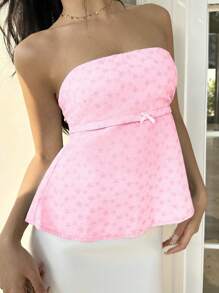 Vacation Solid Color Embroidered Bowknot Decor Cropped Tank Top - Pink - View 5