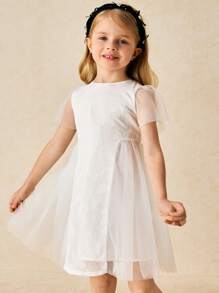 SHEIN Young Girls & Elegant Mesh Patchwork Puff Sleeve Dress - White - View 1