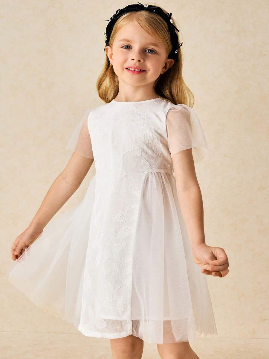 SHEIN Young Girls & Elegant Mesh Patchwork Puff Sleeve Dress - White - View 1