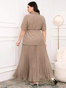 Modelyn Plus Size Women Summer Elegant Solid Shirt And Pleated Skirt 2Pcs Outfit - Khaki - View 2