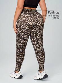 SHEIN Essnce Plus Size Women Leopard Print Soft & Stretchy Denim Leggings, Summer - Brown - View 2