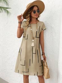 EMERY ROSE Women's Summer Casual Allover Print Round Neck Batwing Sleeves Dress Summer Dresses For Women,Shirt Dresses For Women