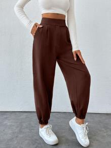 SHEIN PETITE Cone Shaped Women Suit Pants With Detailed Waist - Brown - View 6