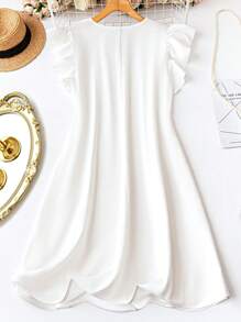 SHEIN PETITE CURVE Đầm hè cỡ lớn màu trắng thêu họa tiết, cổ tròn, không tay, viền bèo nhún, thanh lịch - trắng - Xem 2