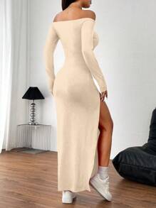 Gloray Đầm Maxi hở vai xẻ cao màu đỏ gợi cảm - Màu be - Xem 2