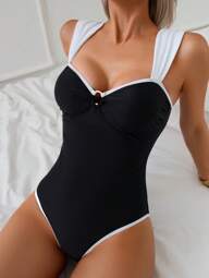 Swim Basics Traje de baño de una pieza con detalles de anillo y ribete de contraste para mujeres, ideal para vacaciones y playa de verano