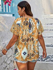 SHEIN LUNE Plus Size Women's Abstract Geometric Pattern Printed Woven Blouse Western Wear