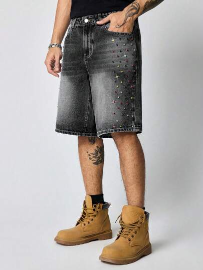 Street Life Men's Colorful Diamond Loose Denim Shorts Jorts