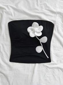 Soleia 女士度假抹胸上衣，腰部收褶，3D 花卉修身衬衫，秋冬打底衫，派对和休闲装 - 黑與白 - 查看 6