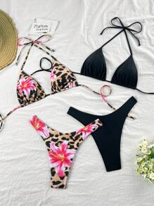 Swim Vcay New Style Leopard Print & Solid Halter Top With High Cut Bottoms Bikini Set Set, 2pcs For Summer Beach Vacation - Multicolor - View 3