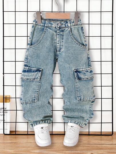 Genkimix Kids Young Boy Casual Contrast Stitching Relaxed Straight Leg Cargo Jeans, School, Campus, College Chic Outfits For Autumn/Winter