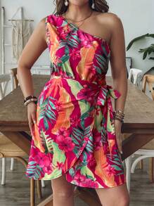 SHEIN VCAY 大码夏季女式洋红色热带植物印花无袖短裙，裹身下摆蝴蝶结休闲沙滩装太阳裙泳池派对装 椰子女孩夏季波西米亚风别致波西米亚风格女装 女士早午餐装 女士机场装 海滩度假装 城市休闲装 度假装 女士西部服装 女士西部装 加大欧式夏季海岛度假装 蜜月装 女士老钱不对称领口连衣裙 热带连衣裙