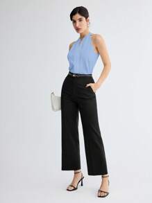 BizChic Elegant Light Blue Summer Tank Top,Halter Neck Keyhole Solid Color Office Blouse,Versatile For Commuting,Daily, 90s Retro,Party,Wedding Guest - Blue - View 10