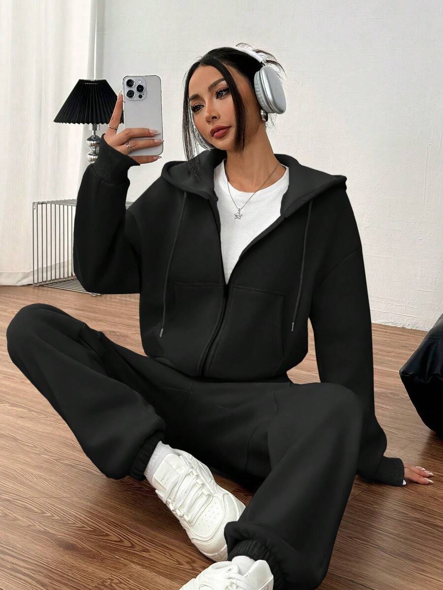 Rina Fox Conjunto de mujer de 2 piezas con sudadera con capucha de unicolor y pantalones con cordón - Negro - Ver 1