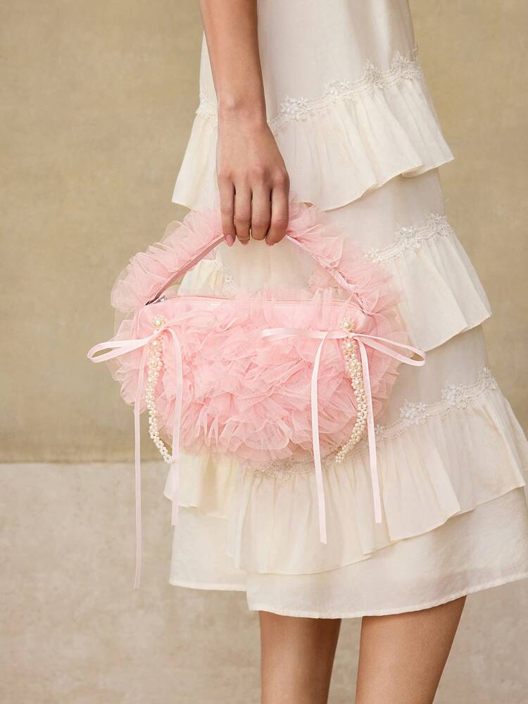 FAUX PEARL AND BOW MESH TOP HANDLE BAG, NEW ARRIVAL FUR BAG FOR WOMEN