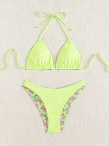 Swim Mod Springbreak Women's Cute Sexy Floral Print Double-Faced Bikini Set, Side-Tie Swim Shorts, Adjustable 2Pcs Beach Vacation Outfit, Festival Boho Style