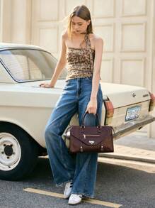 SHECARRY Túi Tote Phong Cách Biker Y2K Cá Tính Thời Trang Cho Nữ, Màu Đỏ - Màu Đỏ Sâu - Xem 8