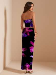 SHEIN BAE 2pcs/Set Women Floral Print Tube Top And Mini Skirt Elegant Outfit - Black - View 2