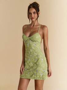 SHEIN BAE 夏季女式露背亮片提花绿色度假迷你连衣裙