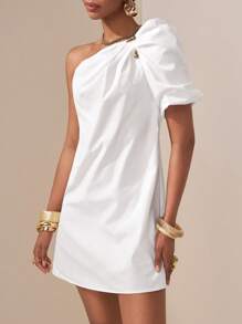 Zivah 2025 Spring/Summer New Music Festival, Easter, St. Patrick's Day, Western, Nomadic, Birthday, Graduation, College, Student, Casual, Vacation, Cruise, Beach, Sunbathing, Street Style, Elegant White Asymmetric Ruched Puff Sleeve Mini Dress - White - View 4