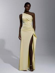 SHEIN Belle Elegant, Romantic, Sexy, Minimalist Sleeveless Backless Ruffle Trim Bodycon Dress With High Slit, In Light Yellow Satin Fabric, Suitable For Fashion, Influencer Style, Holidays, Vacation, Birthday Party, Wedding, Bridesmaid - Yellow - View 5