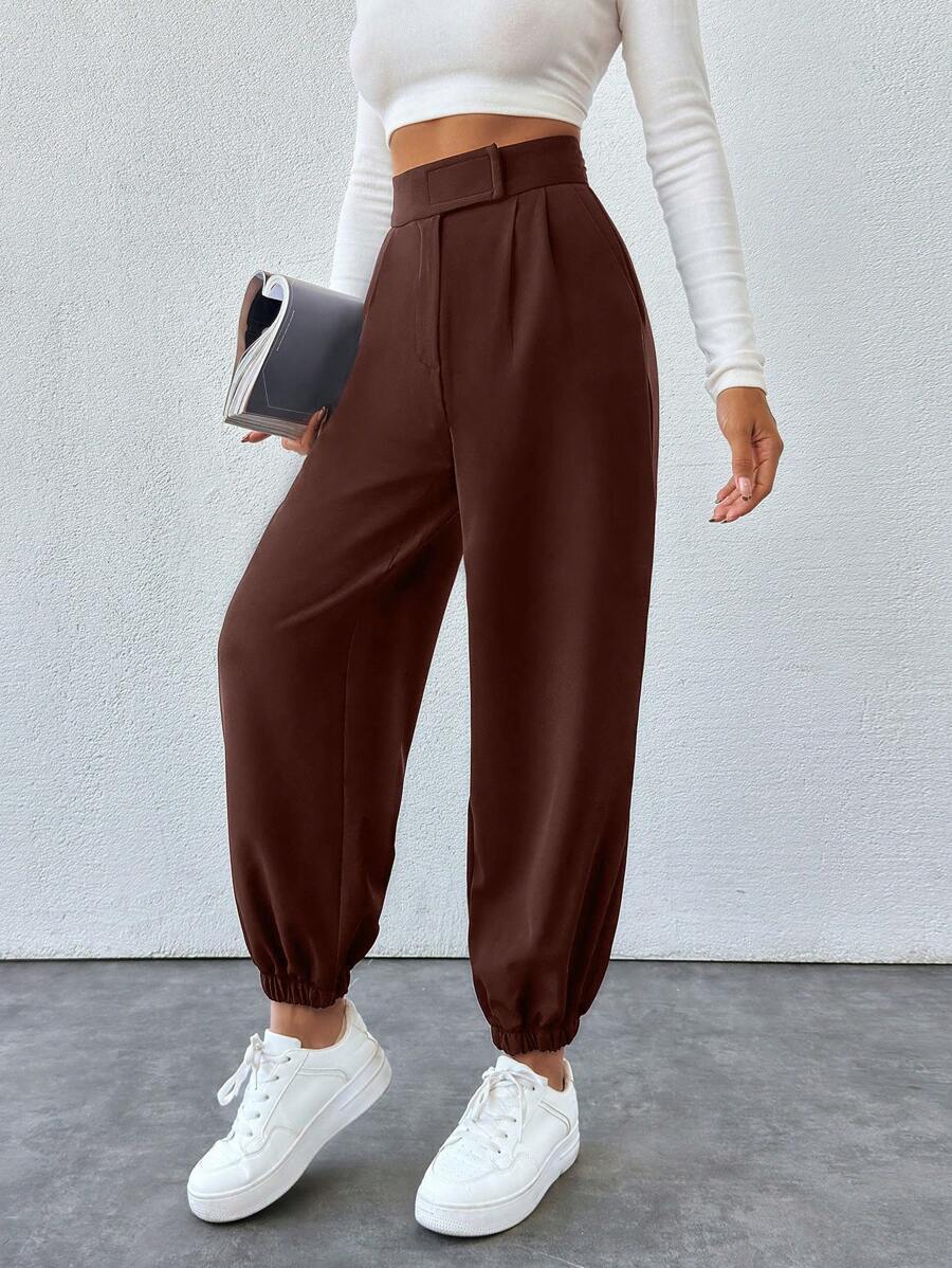 SHEIN PETITE Cone Shaped Women Suit Pants With Detailed Waist - Brown - View 1