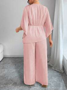 Elenzga Elegant 2 Pieces Set: Pleated Ruffle Sleeve Top And Wide Leg Pants - Pink - View 2