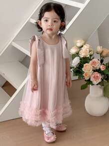 DAZY Baby Girl Bowknot Bandage Mesh Summer Elegant Sleeveless Dress - Dusty Pink - View 6