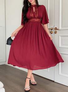 DAZY Vestido de mujer de unicolor con cuello alto, mangas con volantes y pliegues, de largo medio, color rojo - Burdeos - Ver 3