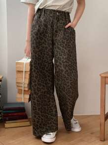 Hapijoa 少女牛仔裤，返校季豹纹印花 - 棕色 - 查看 5