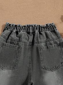 Tween Girls Loose Fit Blue Floral Waist Tapered Leg Jeans - Light Grey - View 4