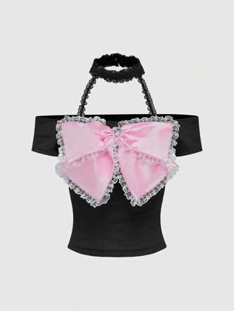J-Fashion Camiseta de mujer con escote hombros caídos, decoración de mariposa, estilo Hime Gyaru Kawaii