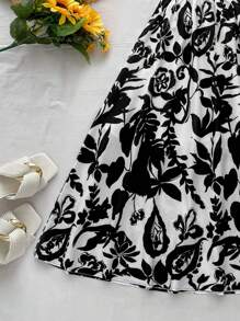 Soleia Women's Vacation Black Floral Print Hollow Out Waist Sleeveless Long A-Line Dress, Suitable For Christmas, Party, Valentine's Day, Date, Afternoon Tea - Black and White - View 6