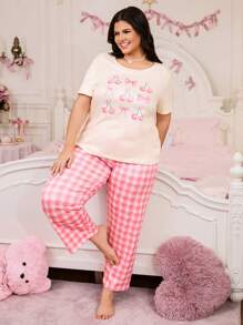 SweetSlumber Conjunto de ropa de dormir de talla grande con estampado de cerezas, lazos y cuadros, en estilo dulce