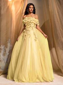 Glamrae 优雅奢华 3D 花卉刺绣蕾丝网布拼布蓬松舞会礼服长裙，适合婚礼、派对、约会、舞会、宴会（重绣版） - 淡黃色 - 查看 5