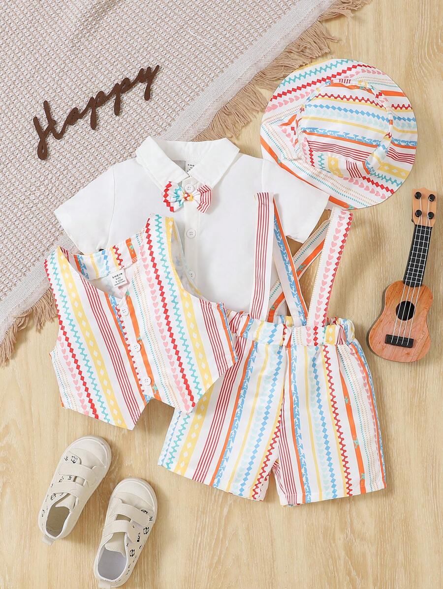 4pcs Infant Boys' Cute Bohemian Gentleman Outfit Set,White Shirt,Printed Vest,Bib Shorts&Sun Hat,Summer Holiday,Vacation Party Outdoor,Elegant Style - Multicolor - View 1