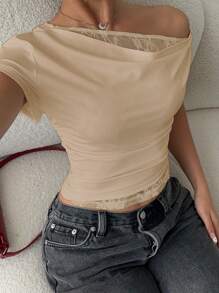 Siren Gaze Áo hở vai vá mùa hè cho nữ, áo phông tay ngắn ren rộng bất đối xứng màu trắng - Màu be - Xem 3