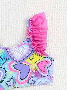 SHEIN Young Girl Heart Print Ruffle Edge Swimsuit Set - Multicolor - View 3