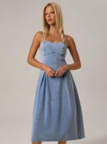 SHEIN Forever 21 夏季新款女士露肩修身A字浅色水洗牛仔长裙 - 淺色水洗藍 - 查看 4