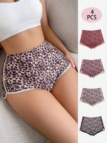 SHEIN 4 piezas Paquete de Calzones casuales de mujer con estampado de leopardo y cintura elástica