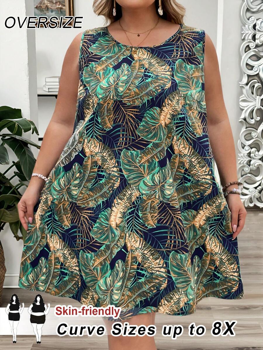 SHEIN CURVE+ 大码女式热带印花夏季波西米亚风连衣裙、沙滩裙、太阳裙、波西米亚风度假装、加大码曲线裙、波西米亚风女士度假沙滩装/沙滩裙/沙滩度假装/沙滩必备品/毕业/茶会礼服 - 彩色 - 查看 1