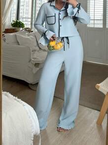 Lowkey Lull Women's Pajama Set With Trimmed Single Breasted Long Sleeve Top And Pants, Fall Winter Clothes - Blue - View 5