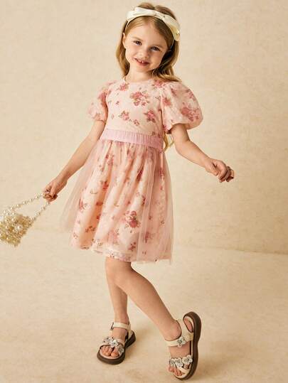 SHEIN Young Girls Elegant Pink Floral Puff Sleeve Dress