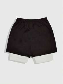 ROMWE MEN Men's Prep Letter Print Drawstring Waist Casual Double Layer Shorts - Black - View 2