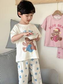SHEIN 2pcs Young BoyCute Bear Star Print Drop Shoulder Short Sleeve Top And Elastic Waist Pants Home Wear Set Young Boys Suit Set Kids Sleep Wear - White - View 6