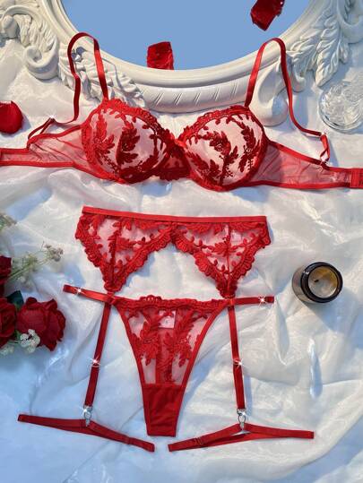 Esselle Bloemen Geborduurde Mesh Verleidelijke Lingerie Set Going Out