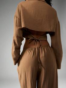 MISSGUIDED Linen Summer Resort Vacation Two Piece Set Loose Fit Crop Button Down Top Wide Leg Palazzo High Waist Pants Beach Travel Outfit