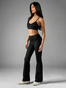 Missguided x Playboy Seamless High Rise Flared Leggings Yoga Pants Athletic Exercise Fitness Studio Workout Performance Activewear Breathable - Black - View 4